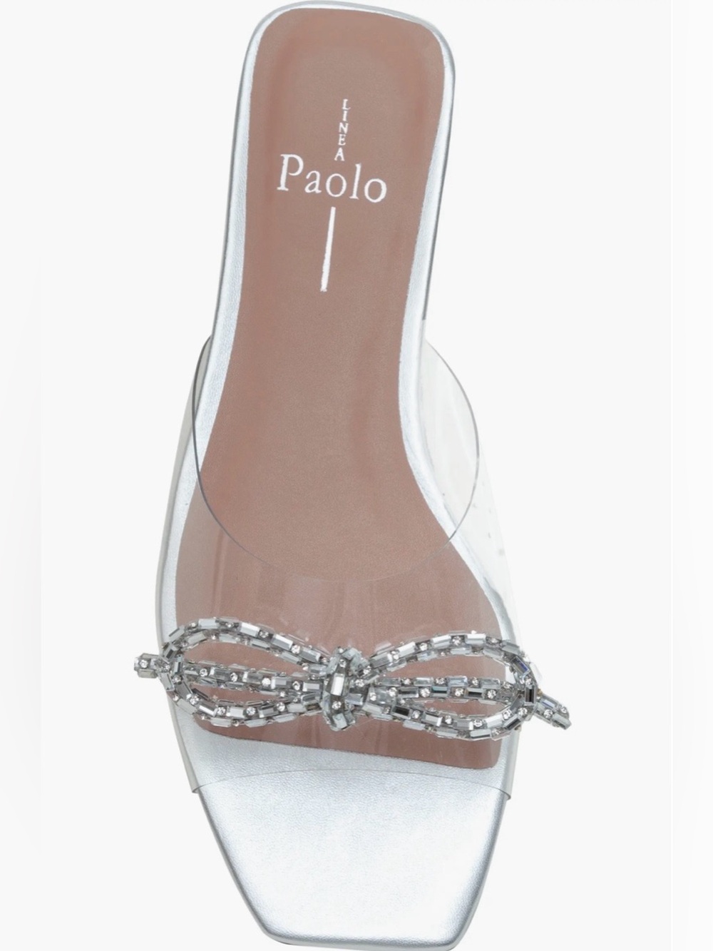 Linea Paolo “Leigh” Clear Slide Sandals Silver Crystal Bow & Nude Jelly Base - Picture 8 of 13